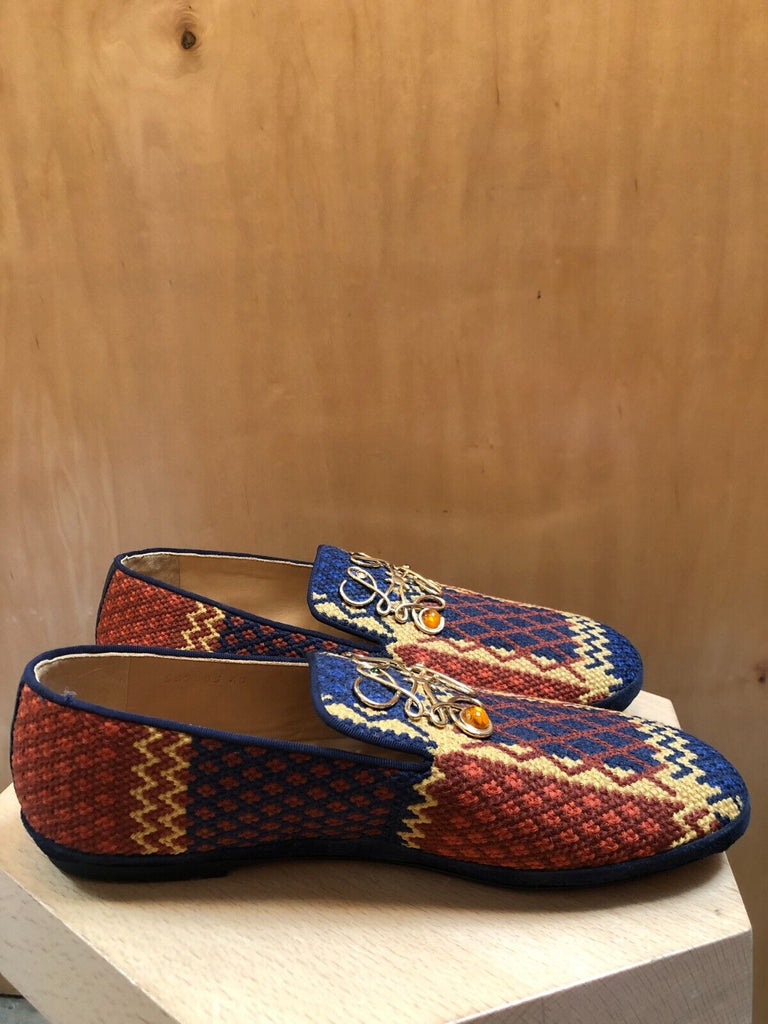 LOEWE Monogram Cloth Fabric Plaid Logo Gem Stone Embellished Loafer Shoes 40