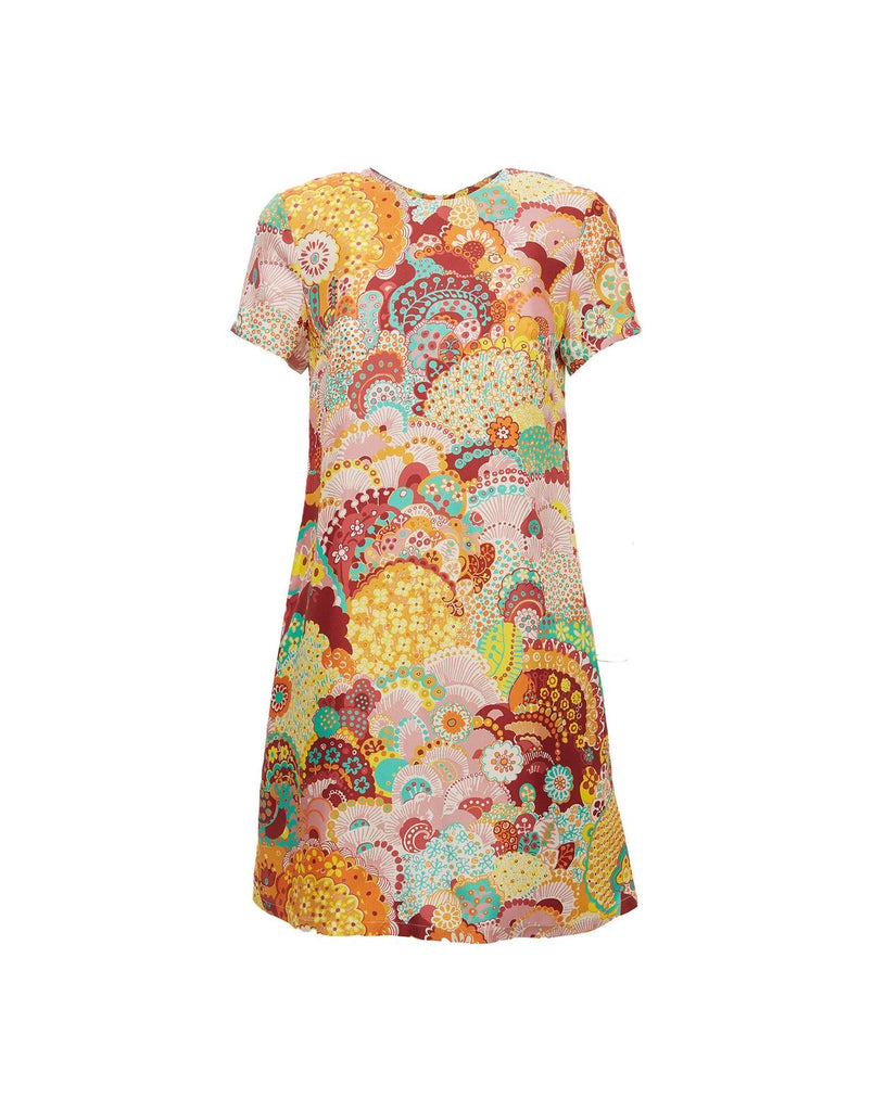 LA DOUBLEJ Mini Swing Holi Yellow Red Multi Abstract Print Silk Twill Dress S