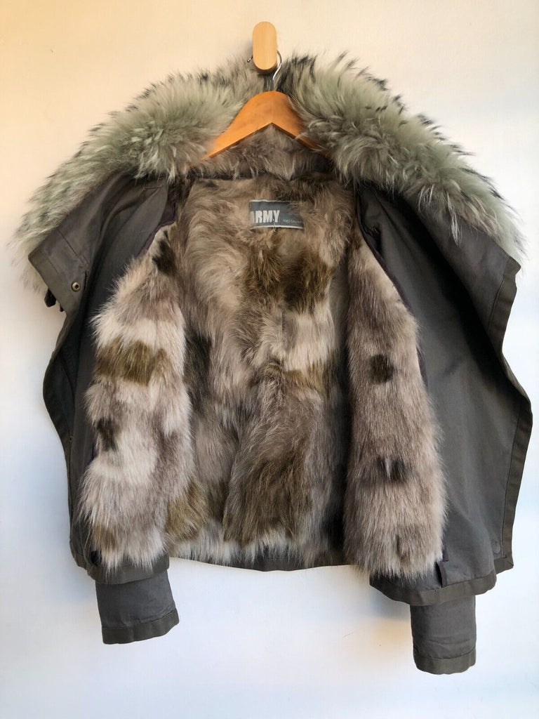 YVES SALOMON  Army Cement Grey Khaki Coyote Fur Collar Cotton Zip Up Jacket ~ M