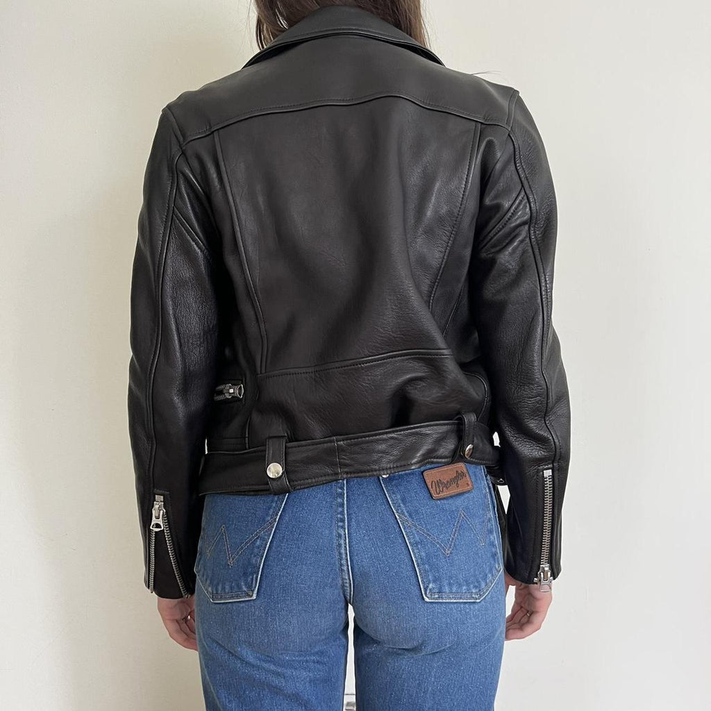 ACNE STUDIOS	Mock Black Leather Asymmetric Zip Belted Moto Biker Jacket 36/4