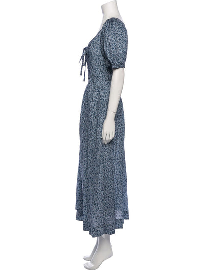 DOEN Monceau Dolores Liberty Blue White Floral Pleated Short Sleeve Maxi Dress