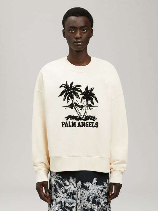 PALM ANGELS Men's Sunset White Black Embroidered Palm Tree Sweater Sweatshirt S