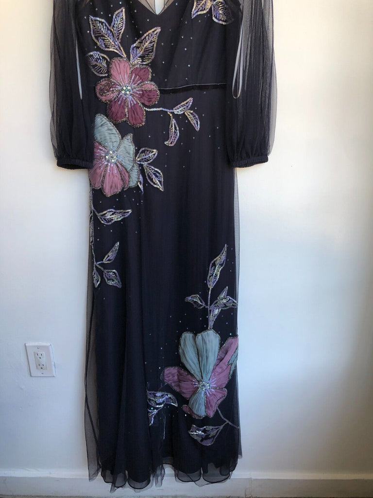 MARCHESA NOTTE NWT Navy Metallic Beaded Floral Print Tulle Maxi Dress Gown 4