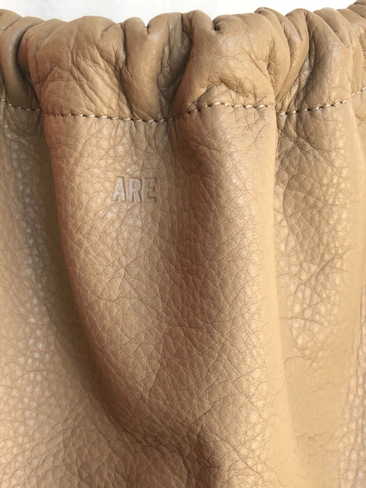 ARE STUDIO Nude Beige Pebbled Leather Scrunch Drawstring Bucket Shoulder Tote