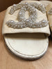 CHANEL 2019 Ivory White Leather Beaded Pearl CC Logo Flat Slide Sandals 38.5