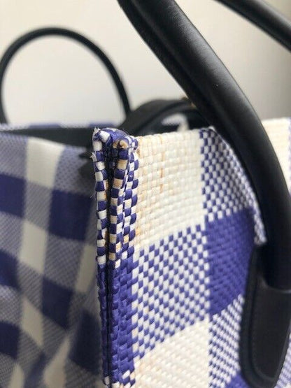 CELINE Phantom Medium Blue White Woven Plaid Gingham Print Raffia Bag Purse