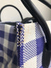 CELINE Phantom Medium Blue White Woven Plaid Gingham Print Raffia Bag Purse