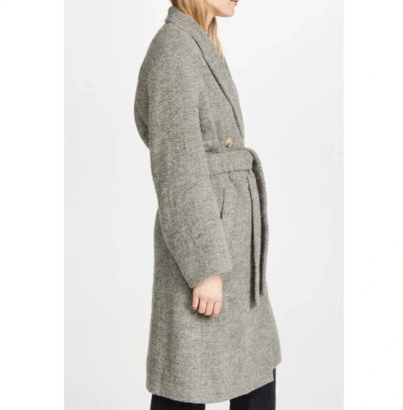 VINCE $800 Pebbled Grey Boucle Tweed Long Wool Belted Jacket Coat S/M/L