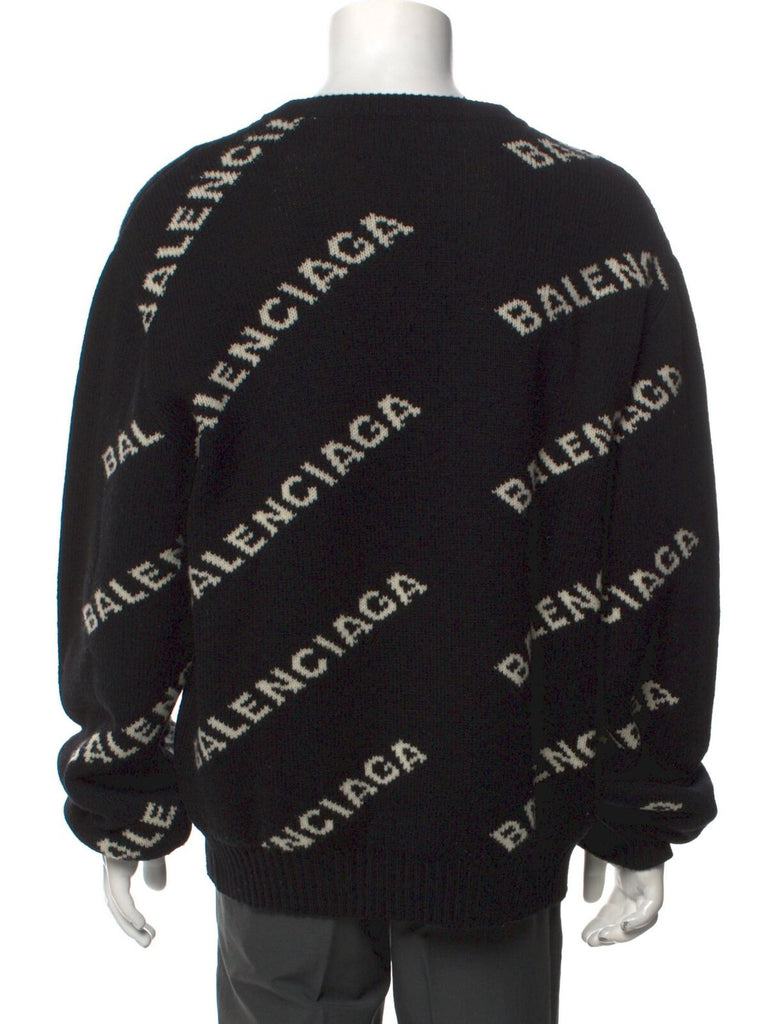 BALENCIAGA 2019 White Black Monogram Knit Wool Logo Instarsia Sweater 34/2/0