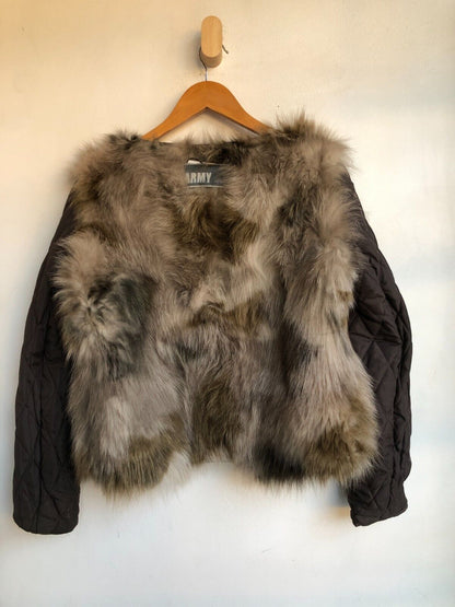 YVES SALOMON  Army Cement Grey Khaki Coyote Fur Collar Cotton Zip Up Jacket ~ M