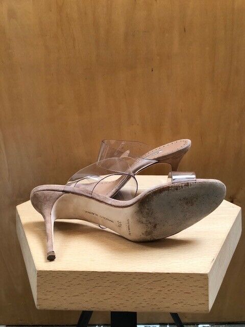 MANOLO BLAHNIK	Scolto Blige Rose Nude Suede Leather PVC  Strap Heel Sandal 37.5