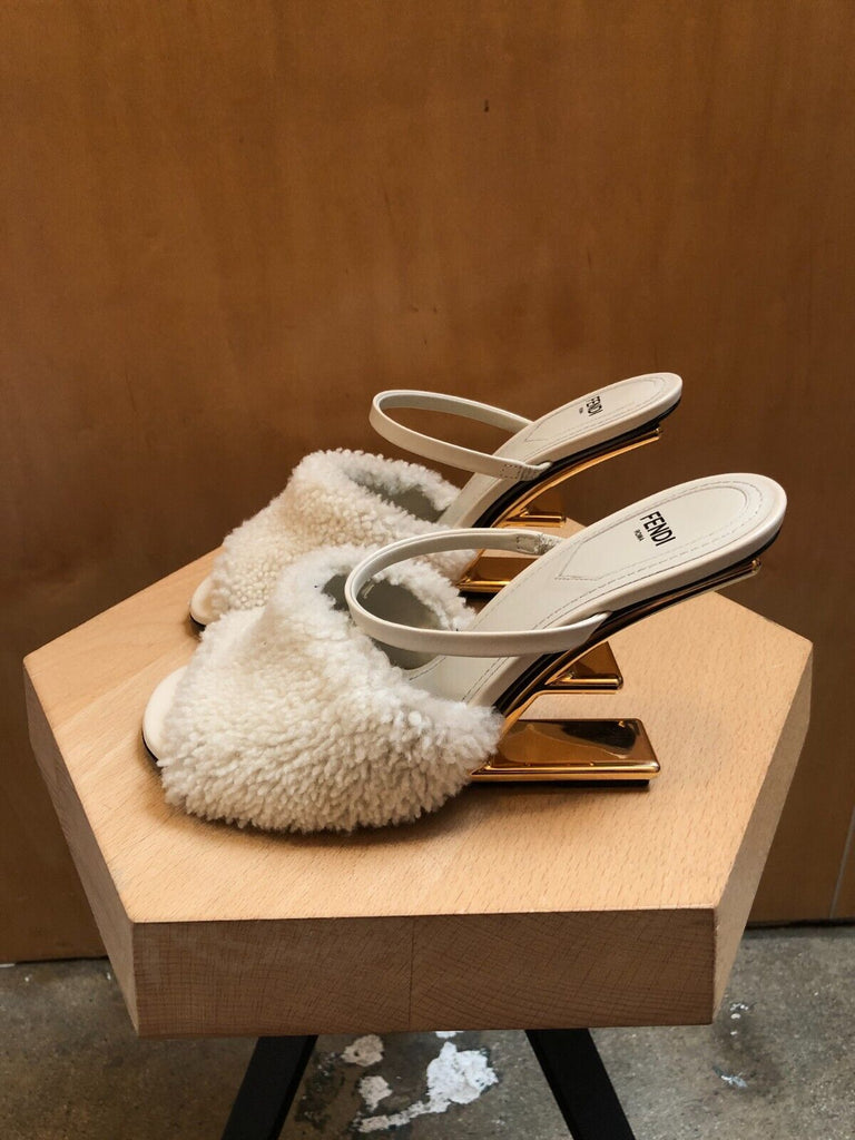 FENDI First Ovis Aries White Milk Shearling Sheep Merinos Gold Heel Sandal 37/7