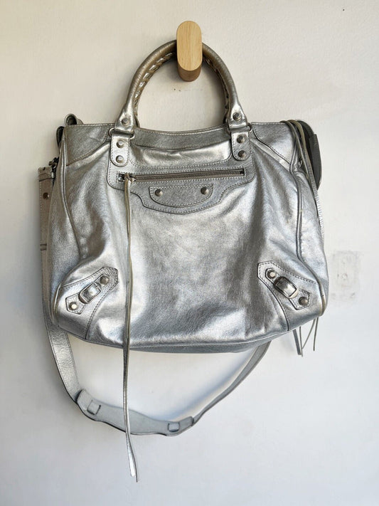 BALENCIAGA Velo Silver Motocycle Small Stud Leather Shoulder Tote Bag Purse