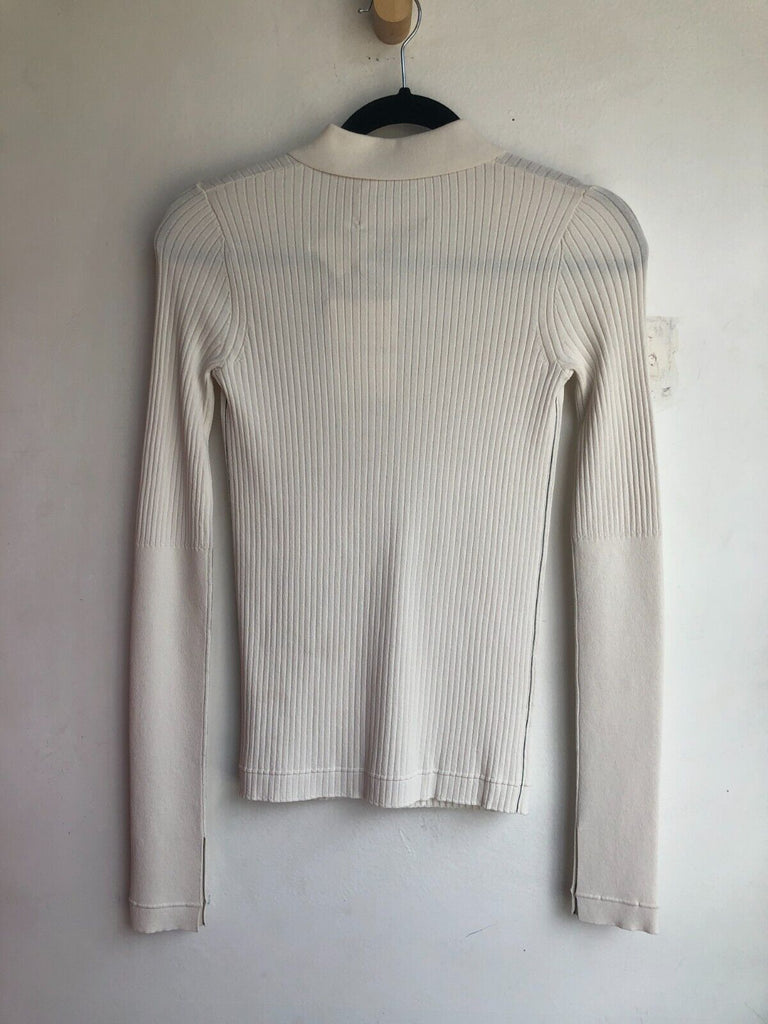 MARIA MCMANUS White Ivory Black Link Rib Knit Polo Collar Top Blouse Sweater