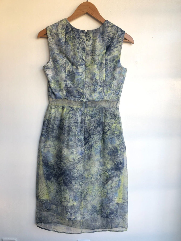 ERDEM Blue Green Abstract Sleeveless Sheer Silk Knee Length Dress UK 10 / US 6