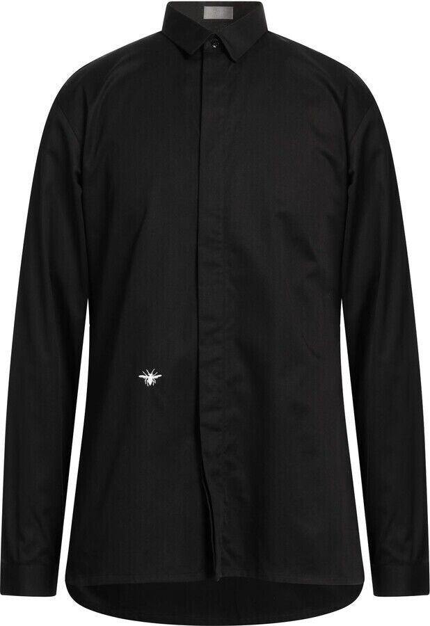DIOR  Homme Men Black Cotton Collar Bee Embroidered Button Up Top Dress Shirt 38