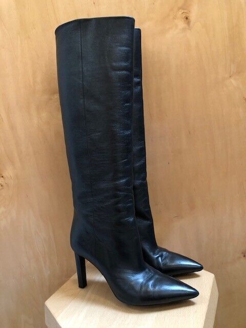 SAINT LAURENT YSL Black Knee High Pointed Toe Leather Stiletto Heel Boots 38/8