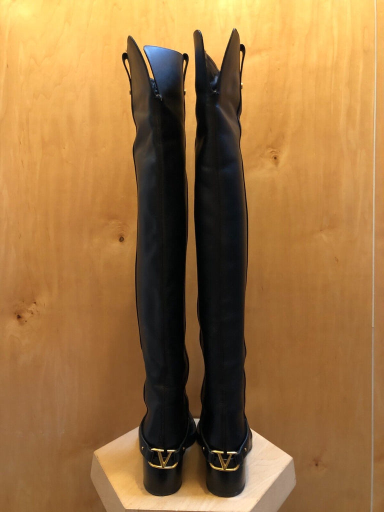 VALENTINO $2000 Black VLogo Over The Knee Leather Chunky Heel Riding Boot 37.5