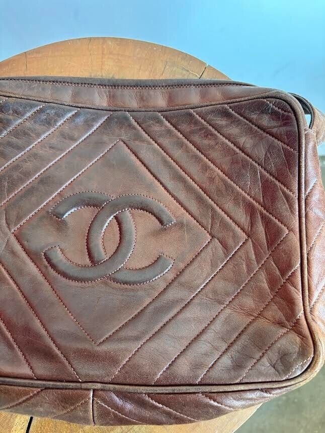 CHANEL Vintage Brown Leather Strap Chevron CC Logo Satchel Tassel Bag Purse