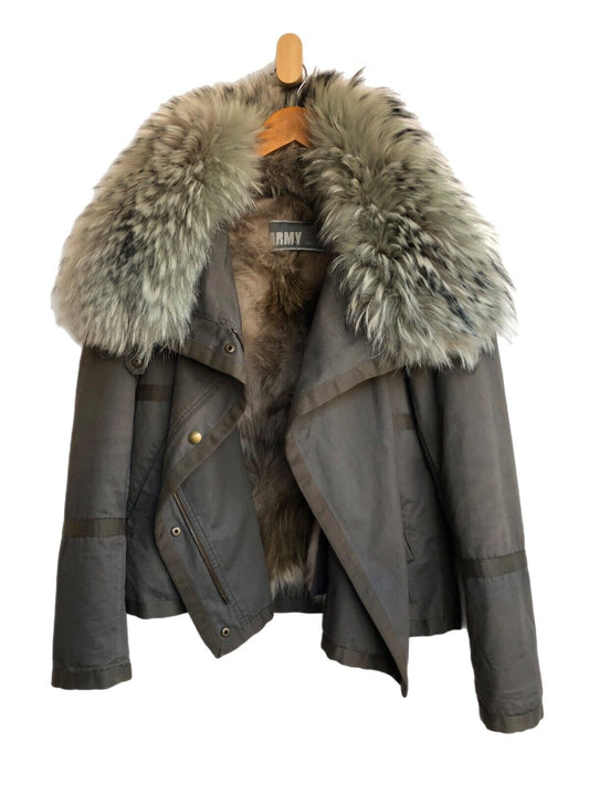 YVES SALOMON  Army Cement Grey Khaki Coyote Fur Collar Cotton Zip Up Jacket ~ M