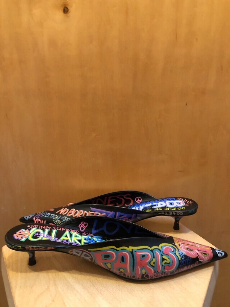 BALENCIAGA Chevre Knife Black Multicolor Graffiti Leather Kitten Heel Mules 41