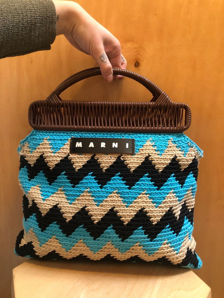 MARNI Market Blue Black Beige Crochet Knit Zig Zag Chevron Geometric Bag Purse