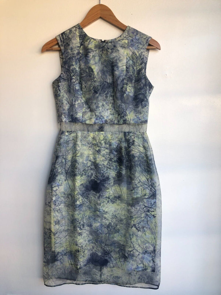 ERDEM Blue Green Abstract Sleeveless Sheer Silk Knee Length Dress UK 10 / US 6