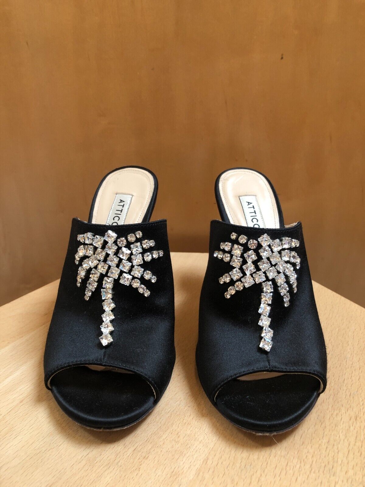 THE ATTICO Pamela Black Satin Palm Tree Crystal Embellished