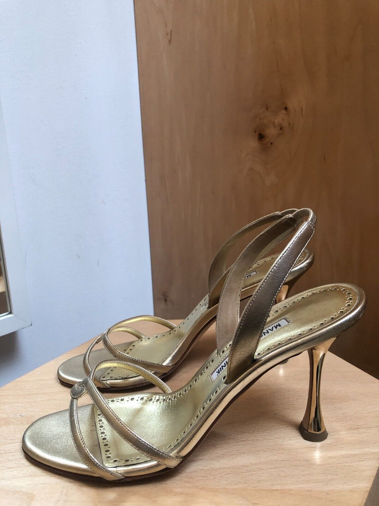 MANOLO BLAHNIK	$950 Racita Gold Metallic Leather Strappy Sandal Heel 39/9/8.5