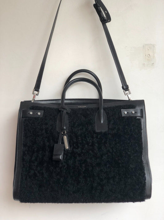 SAINT LAURENT YSL  De Jour Souple Black Shearling Wool Leather Tote Bag Purse