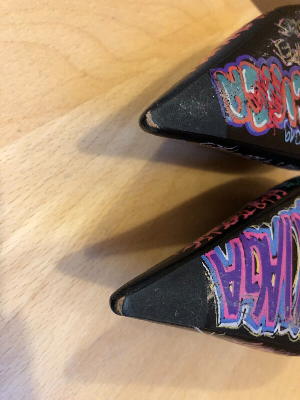 BALENCIAGA Chevre Knife Black Multicolor Graffiti Leather Kitten Heel Mules 41
