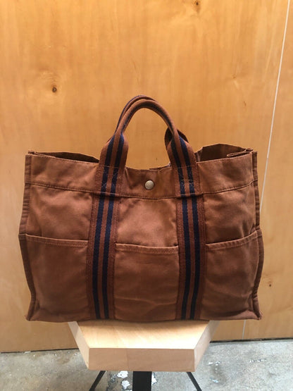 HERMES Fourre Tout Mm Camel Brown Blue Stripe Canvas Tote Shoulder Bag Purse
