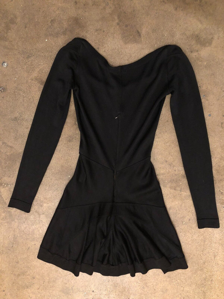 ALAIA Vtg 90s Black Low Scoop Neck Long Sleeve Wool Rayon Blend Mini Dress XS