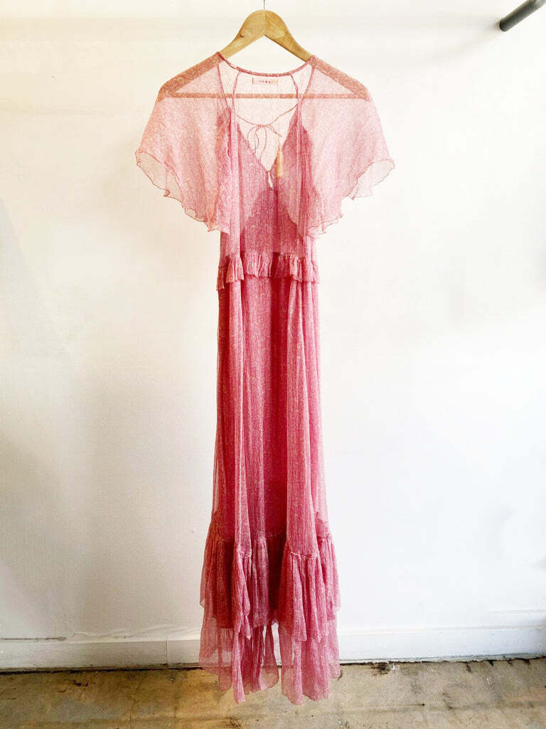 DOEN  Antoinette Pink Carnation Garden Bloom Sheer Ruffle Maxi Dress S