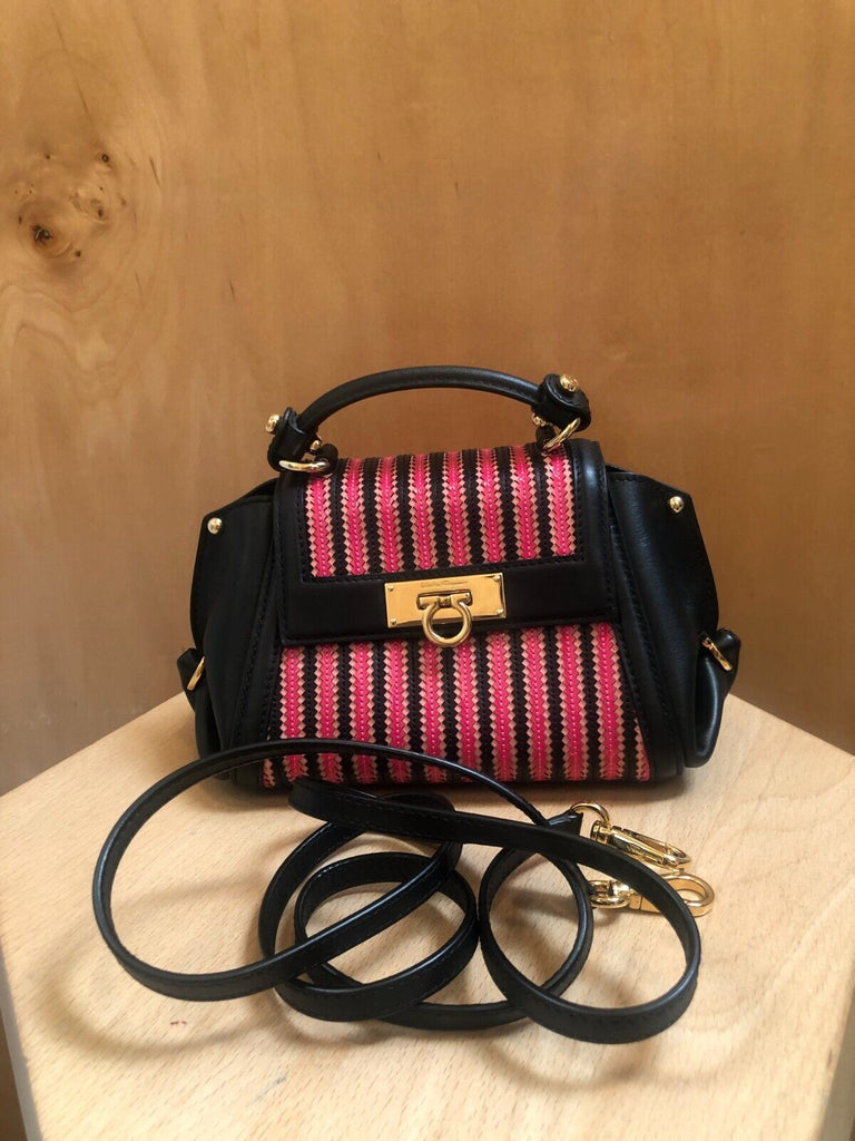 SALVATORE FERRAGAMO Sofia Pink Black Crossbody Leather Mini Satchel Bag Purse