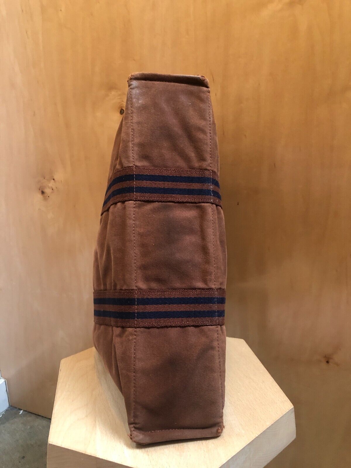 HERMES Fourre Tout Mm Camel Brown Blue Stripe Canvas Tote Shoulder Bag Purse