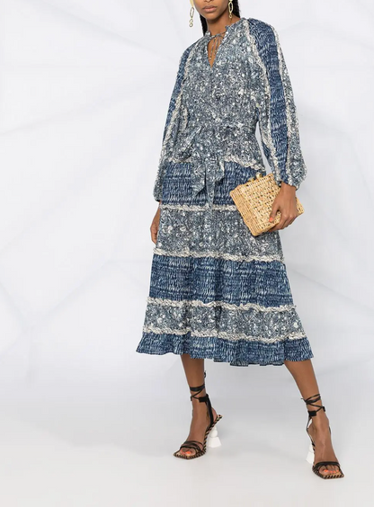ULLA JOHNSON Anzu Blue Psychedelic Marble Print Ruffle Tier V-Neck Midi Dress 2