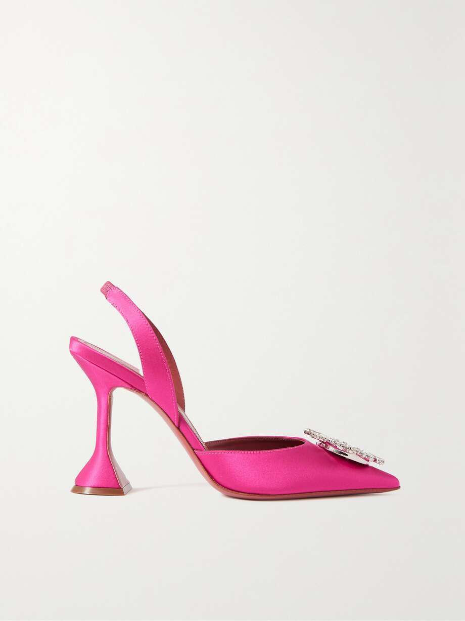 AMINA MUADDI Begum Swarovski Pink Ruby Crystal Satin Slingback Pump Heel 37.5