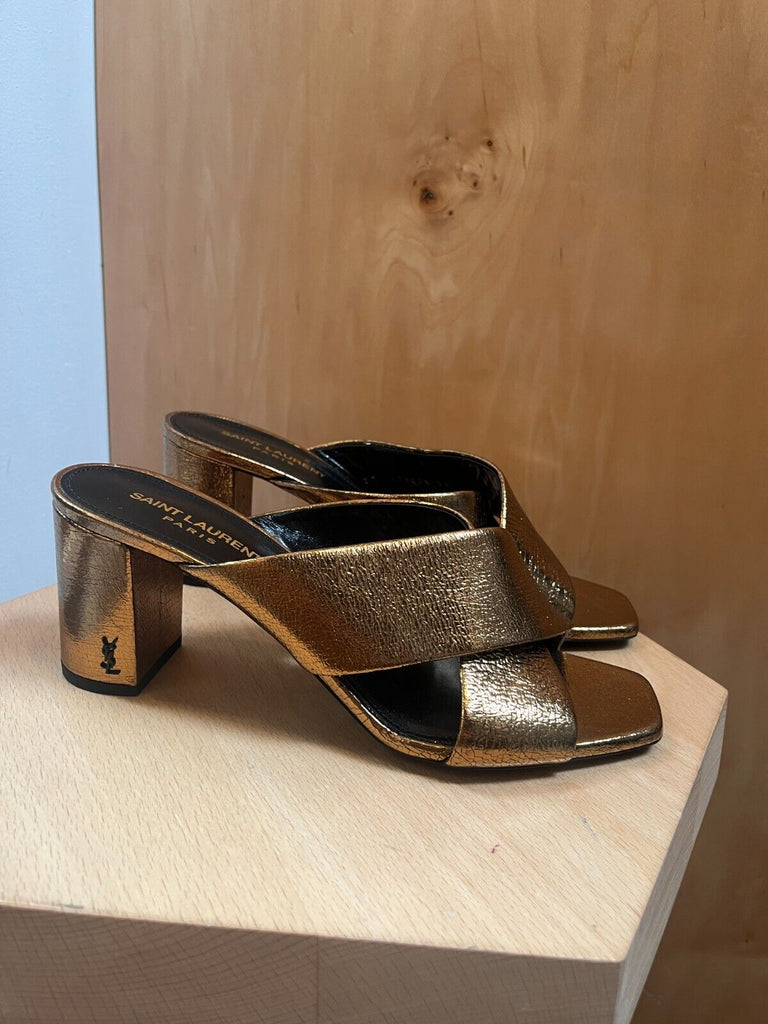 SAINT LAURENT Lou Lou Metallic Copper Gold Leather Cross Sandal Mule Heel 39