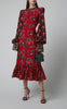 THE VAMPIRES WIFE Gypsy Red Floral Rose Print Long Metallic Gold Midi Dress 10/6