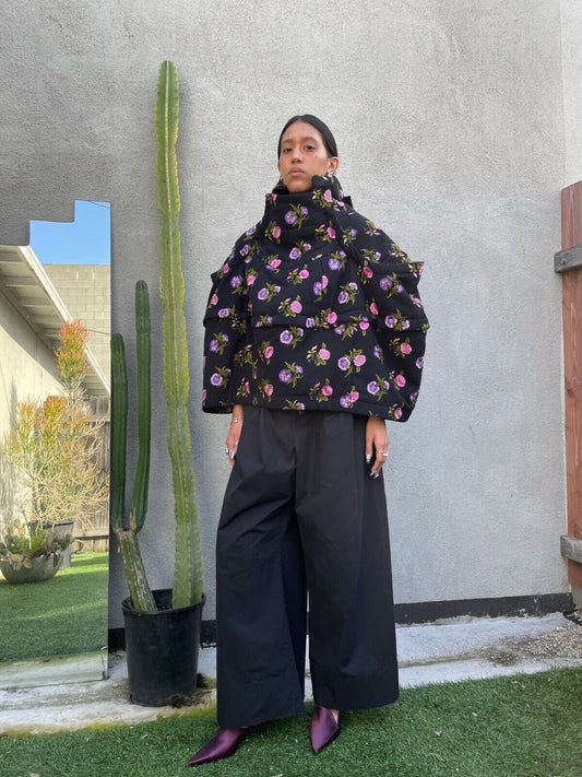 COMME DES GARCONS RARE 2016 Black Embroidered Floral Print Puffy Jacket Cape XS