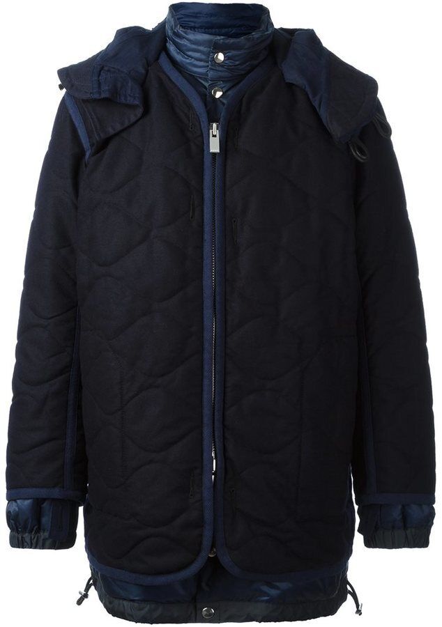 SACAI Mens Dark Blue Layered Quilted Puffer Hooded Wool Nylon Down Jacket Coat 3
