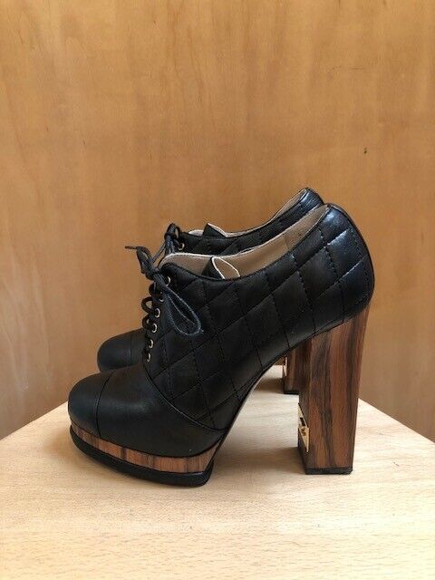 CHANEL Black Quilted Leather CC Wood Block Heel Lace Up Platform Ankle Boot 37