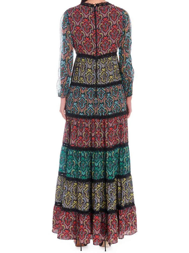 ALICE & OLIVIA Karolina Lace Insert Multicolor Long Sleeve Tiered Maxi Dress 0