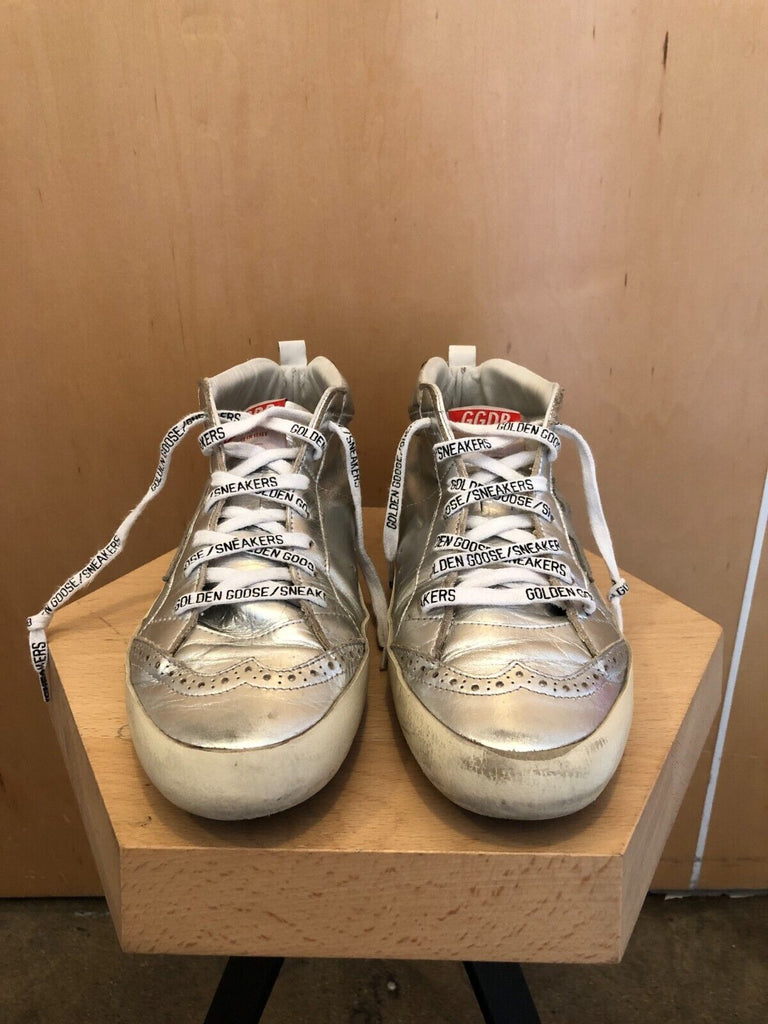 GOLDEN GOOSE Midstar Silver Metallic High Top Leather Gray Suede Star Sneaker 40