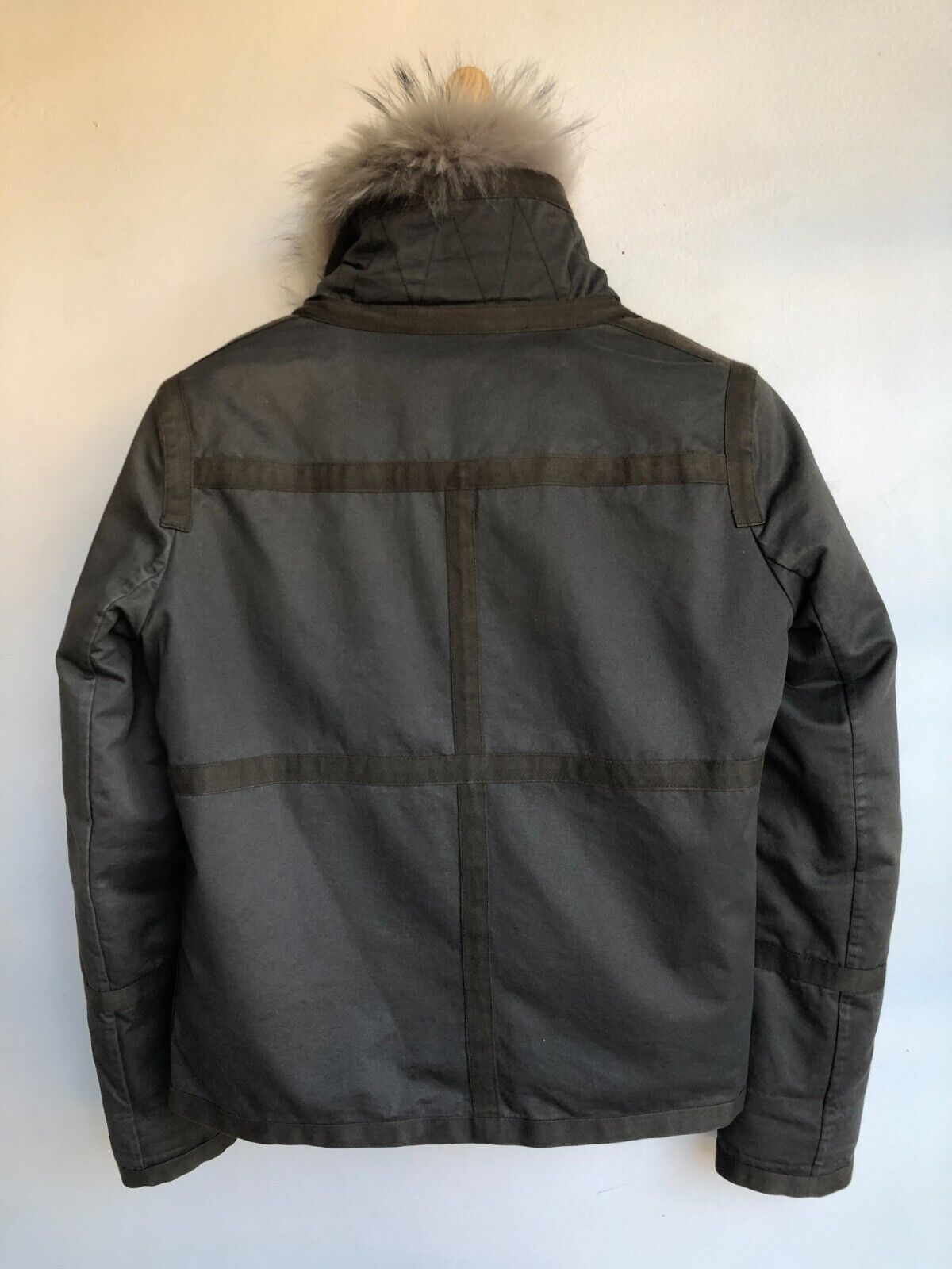 YVES SALOMON  Army Cement Grey Khaki Coyote Fur Collar Cotton Zip Up Jacket ~ M