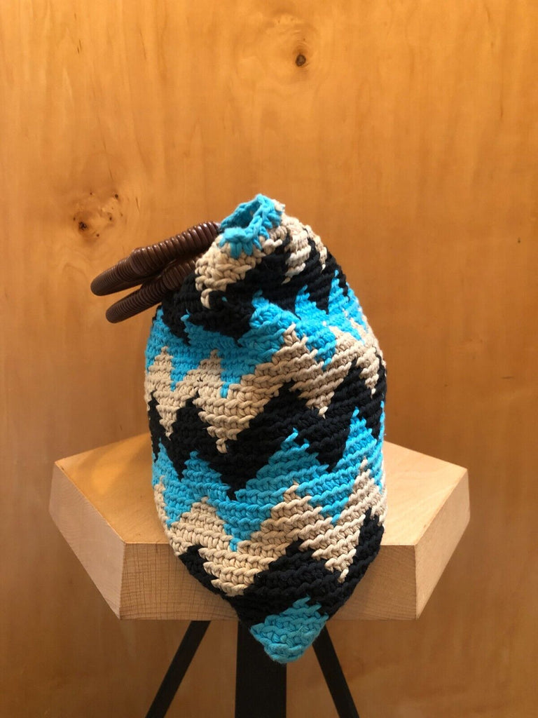 MARNI Market Blue Black Beige Crochet Knit Zig Zag Chevron Geometric Bag Purse