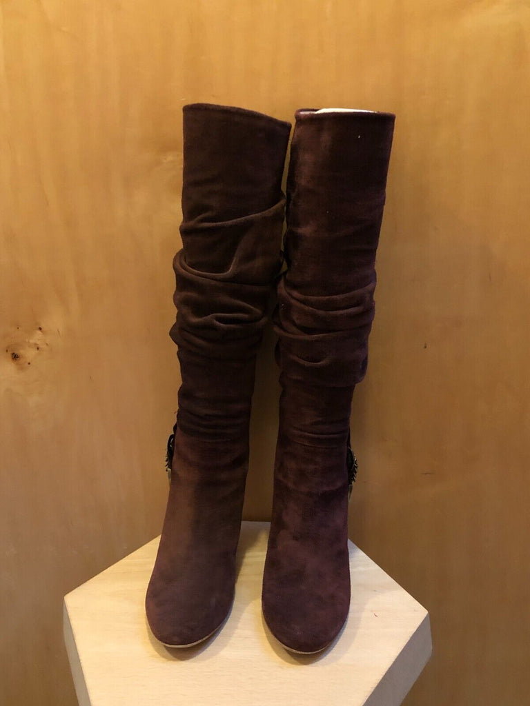 CHRISTIAN DIOR Burgundy Slouch Suede Leather Buckle Heel Calf Knee High Boot 36