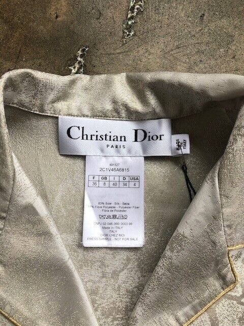 CHRISTIAN DIOR Silver Metallic Gold Silk Button Down Up Blouse Top Shirt 36/4