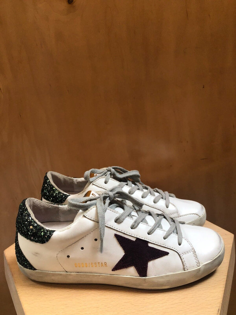 GOLDEN GOOSE Superstar White Maroon Suede Star Green Sequin Low Top Sneaker 37